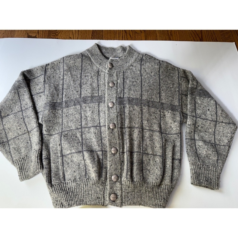 Fischer for Men Vintage Grey Windowpane Wool Blend Button Up Cardigan Sweater